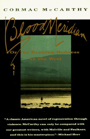 Blood Meridian book cover, black background with a desert horizon at dusk beneath the title