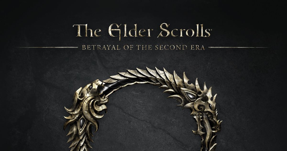 The Elder Scrolls: Betrayal of the Second Era box art, an ornate golden ouroboros dragon emblem on dark stone