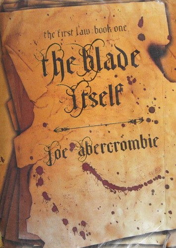 The First Law: The Blade Itself book cover, weathered parchment with a jagged bloodstained tear across the title