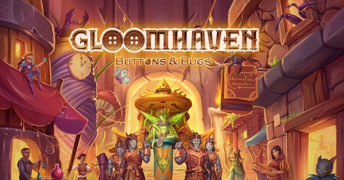 Gloomhaven: Buttons and Bugs box art, a tiny fairy creature seated on an ornate throne surrounded by insects