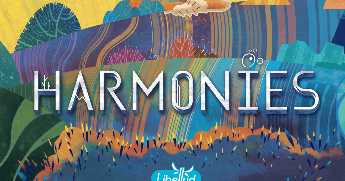 Harmonies box art, colorful stacked wooden discs forming a small landscape diorama with animal tokens