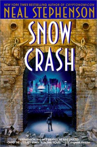 Snow Crash book cover, a stone archway opening onto a neon cityscape