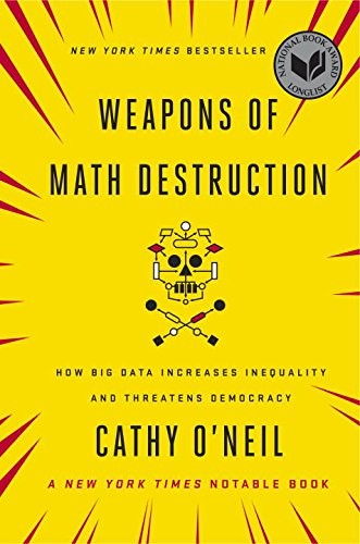 Weapons of Math Destruction book cover, yellow background with a bold black skull made of data icons